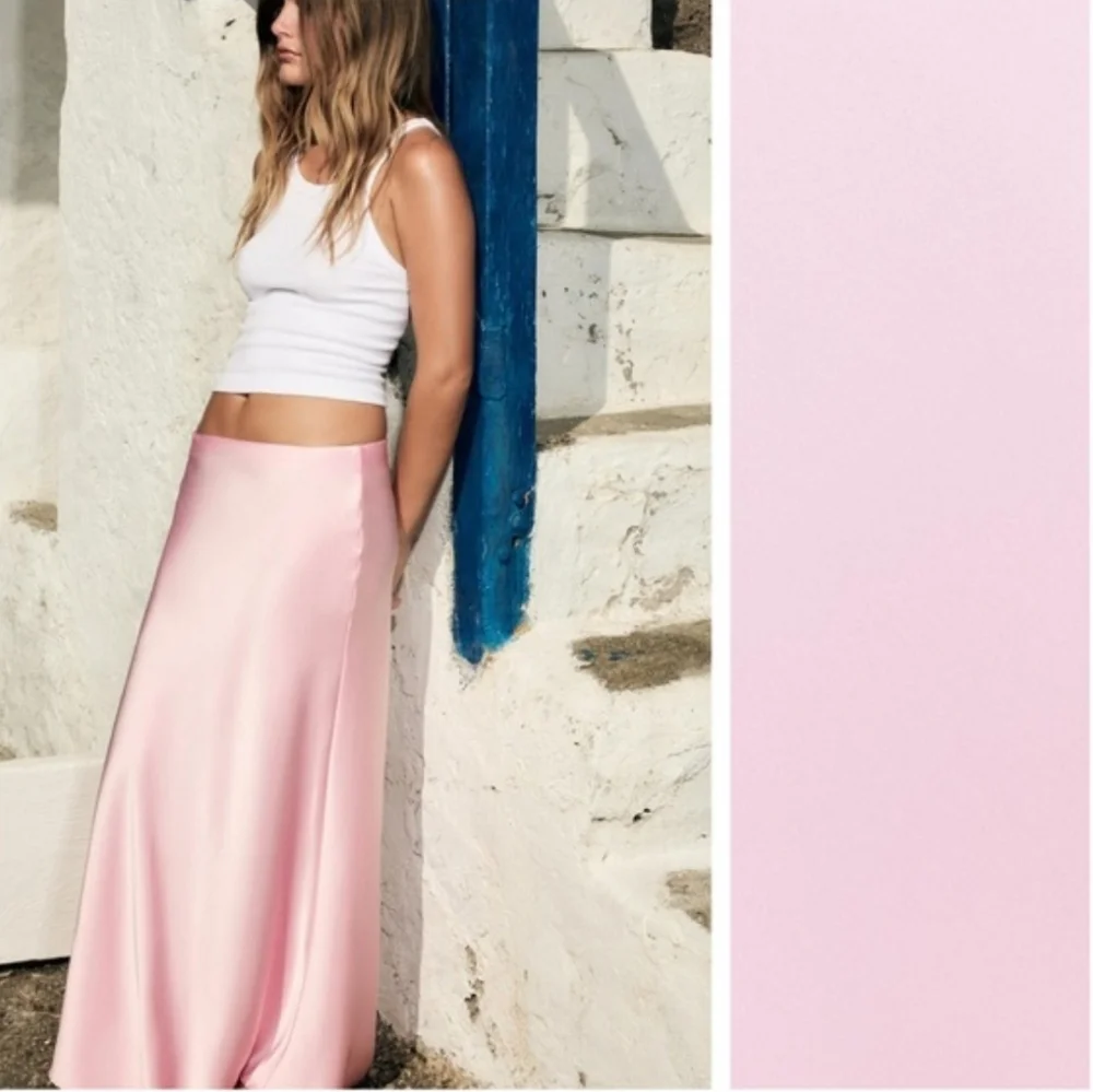 Zara Satin Effect Midi Skirt Light Pink Size XS